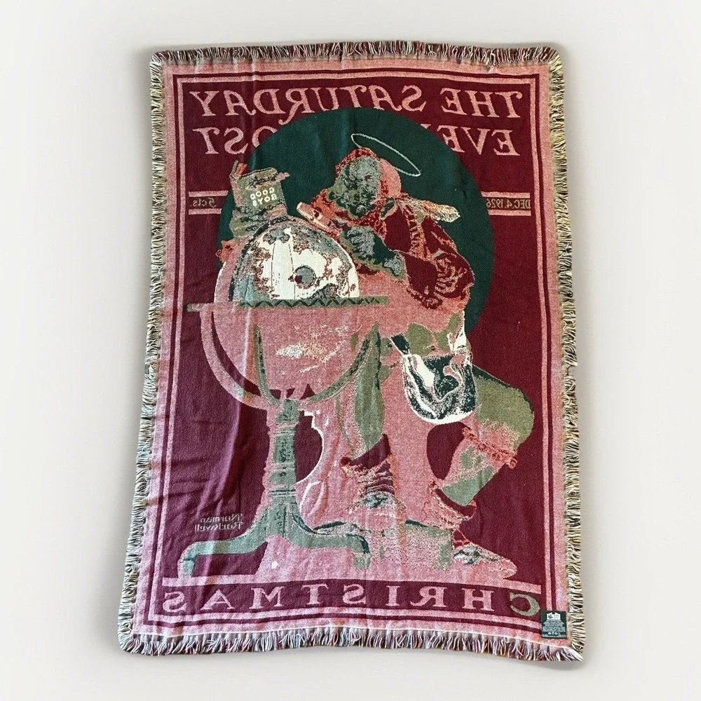VTG Goodwin Weavers Norman Rockwell Christmas Santa Holiday Woven Throw Blanket